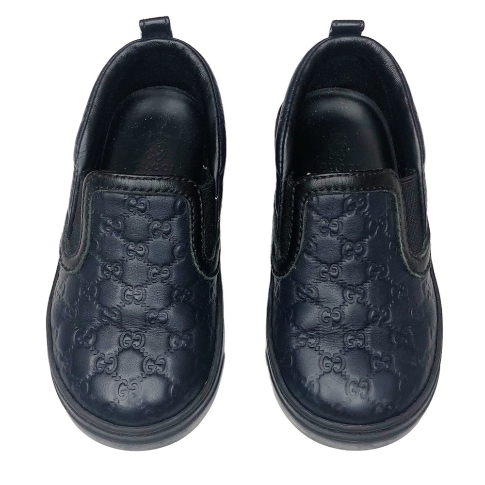 Gucci Boys GG Signature Slip On Sneakers Embossed Leather Shoe Blue Black Size 5